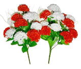 (2 pcs) Red & White Carnation 18" Bush Faux Silk Flower Memorial In/Outdoor Carnation