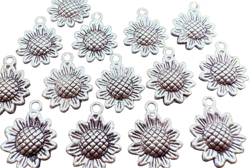 Silver sunflower metal flower charms with loop, set of 10, shiny textured petals