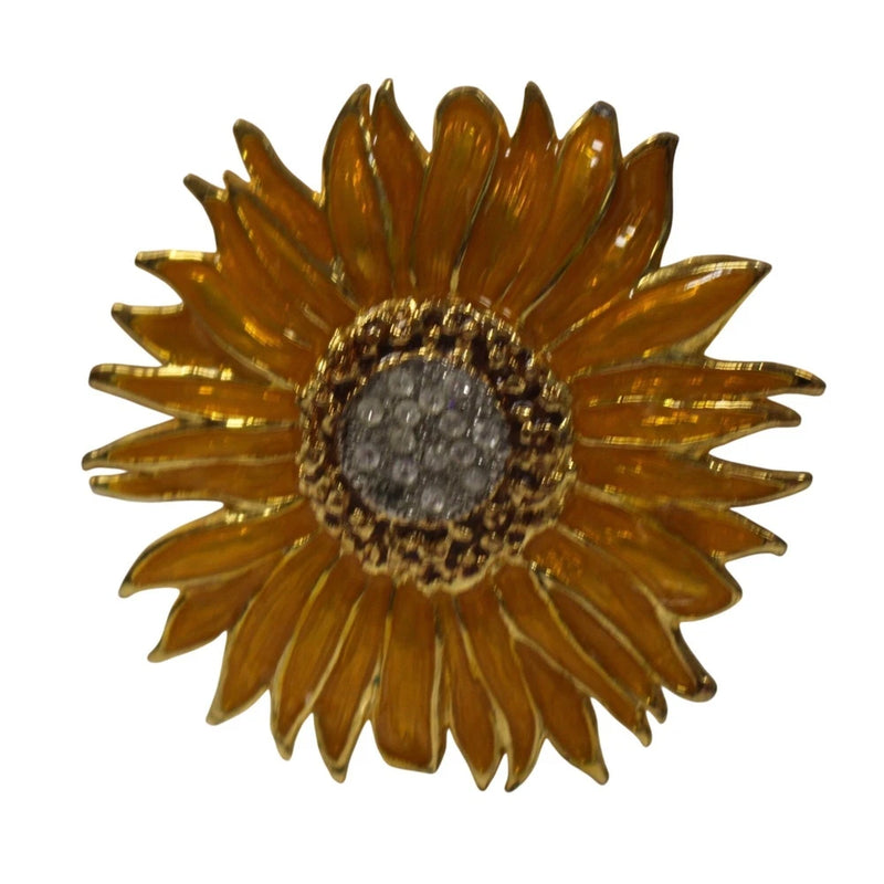 Sunflower brooch pin with yellow-orange enamel petals and jeweled rhinestone center