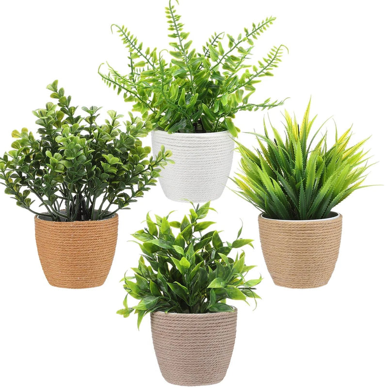 4 Pcs Small Woven Artificial Plants Boho Potted Fake Plants Mini Plastic Faux... Green Plant