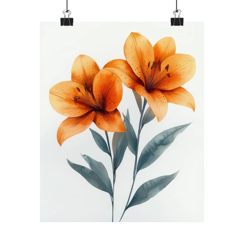 Orange lily flower art print poster with botanical leaves, minimalist style