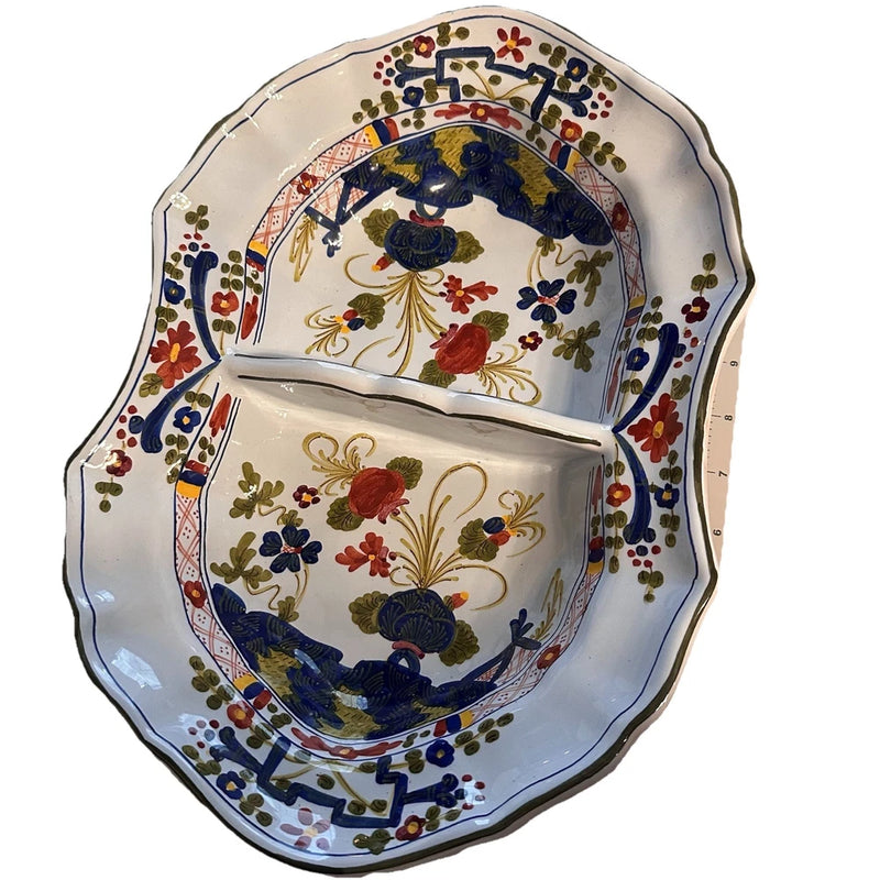 Oval divided serving bowl with ornate blue floral design and red accents, ceramic