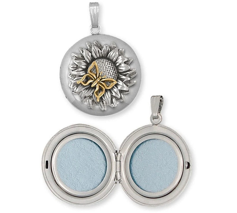 Round silver photo locket with sunflower engraving, open view showing two blue insert circles