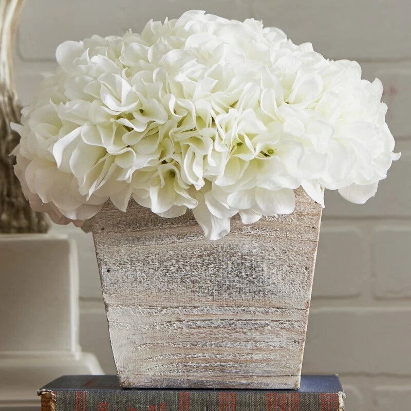 Hydrangea Floral Arrangement Washed Wood Cube Planter (1075) Hydrangea