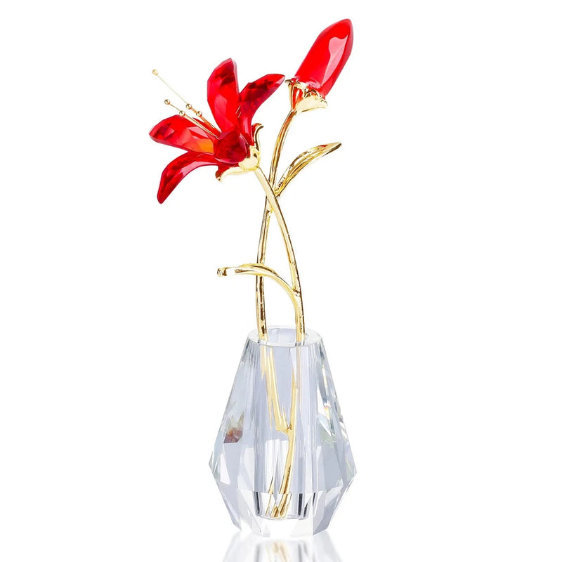 Handmade crystal lily flower figurine with red petals and faceted clear vase