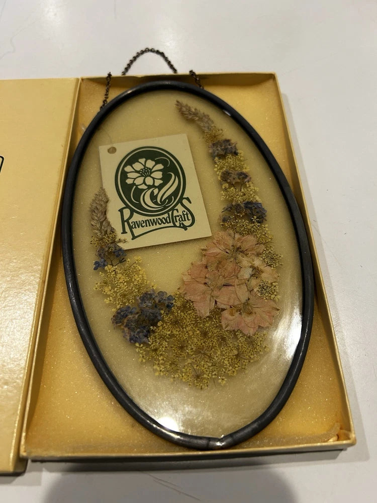 Oval framed pressed flowers in glass, Ravenwood Crafts England, in gift box