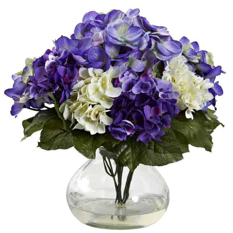 11" BLUE PURPLE SILK HYDRANGEA ARTIFICIAL FLORAL FAKE FLOWER ARRANGEMENT w/ VASE Hydrangea