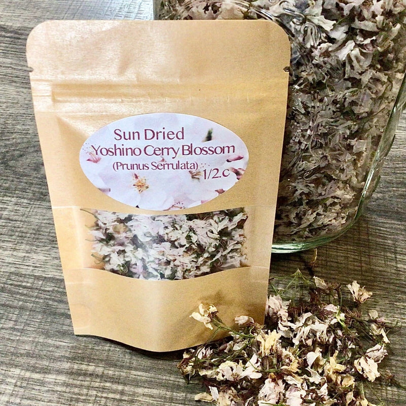 Dried Yoshino cherry blossom flowers in kraft pouch with small gray-pink petals