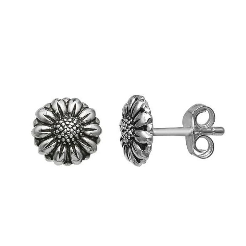 White gold plated sunflower stud earrings, detailed floral front on sterling silver posts