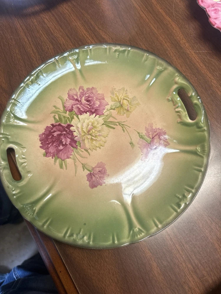 Vintage handled tray plate with green base and pink flower bouquet