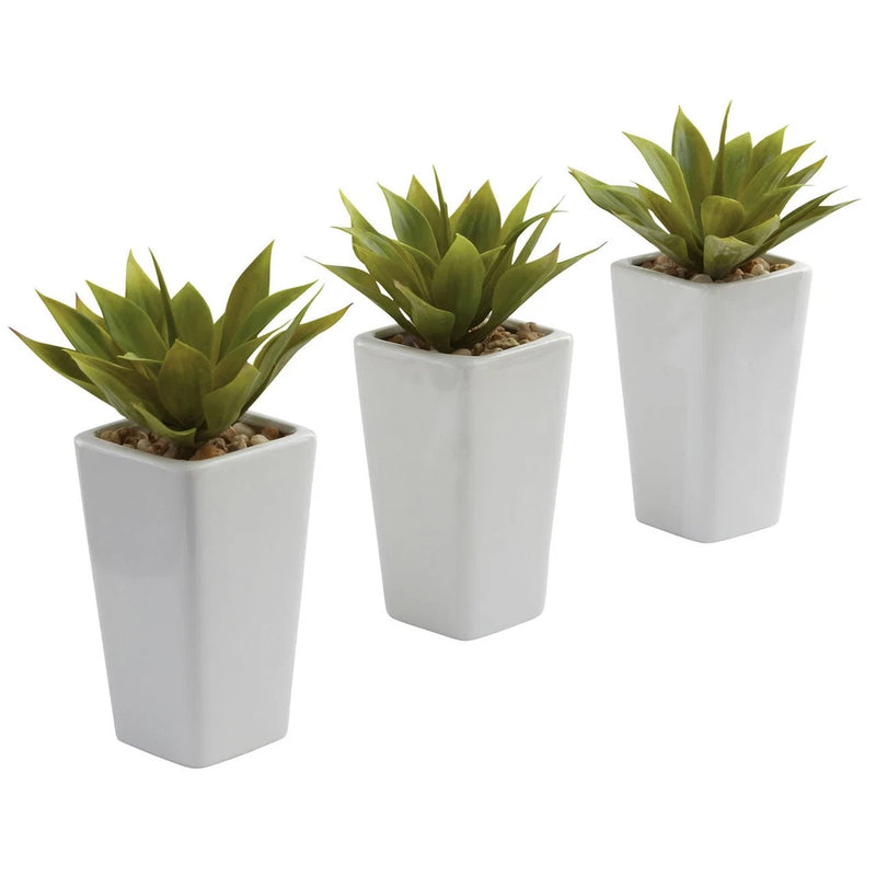 Set of 3 artificial agave plants in white pots