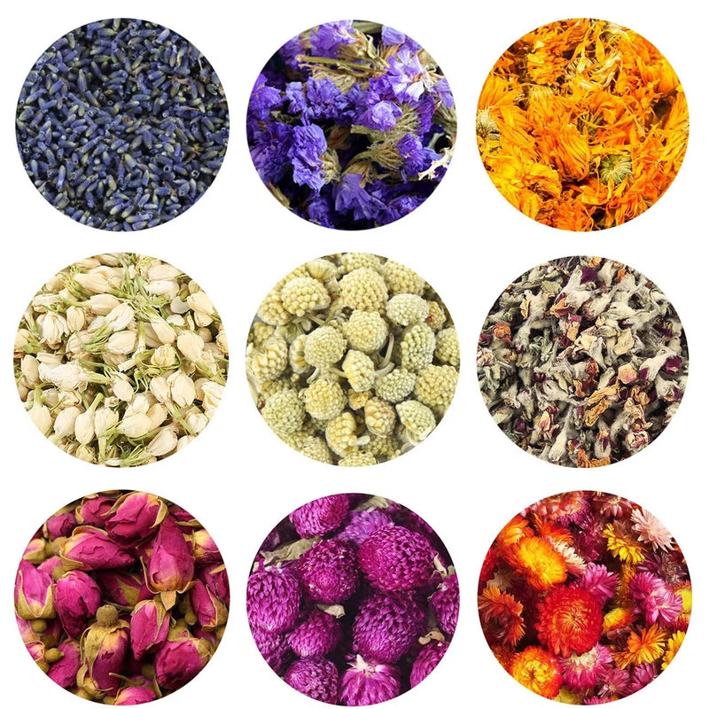 Assorted dried flowers and herbs decoration set, 9 bags with mixed blooms and herbs
