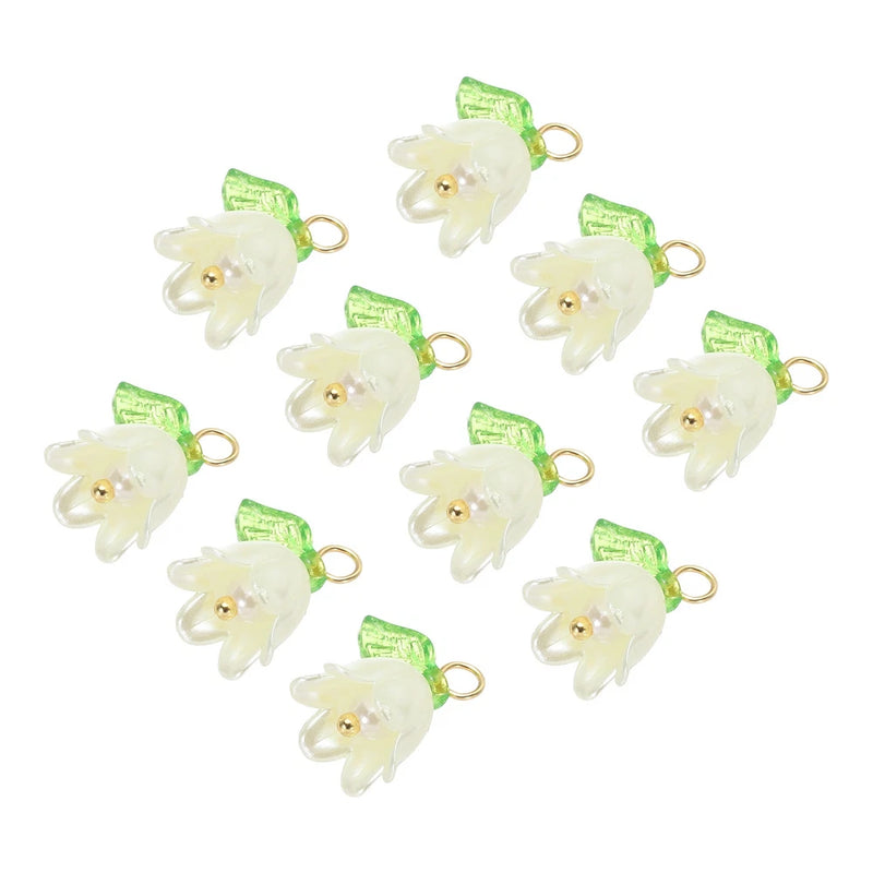 Lily of the valley acrylic flower charms, yellow-white petals, green top, gold rings (10)