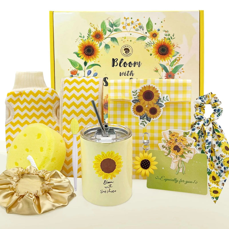 Sunflower-themed bath gift set with yellow bath sponge, soap, and accessory items