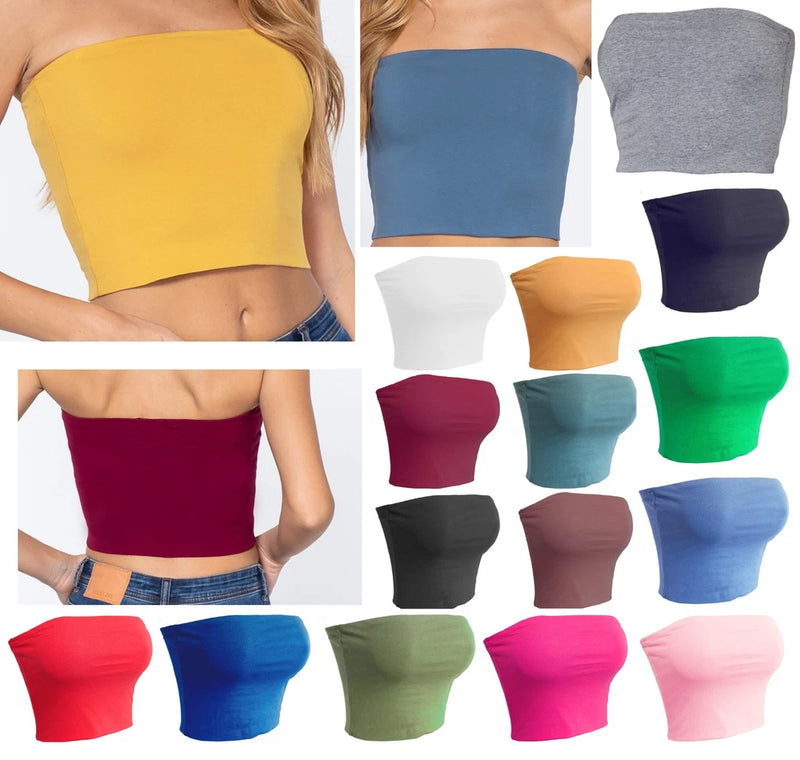 Double-layer cropped cotton-blend tube top, shown in multiple solid colors