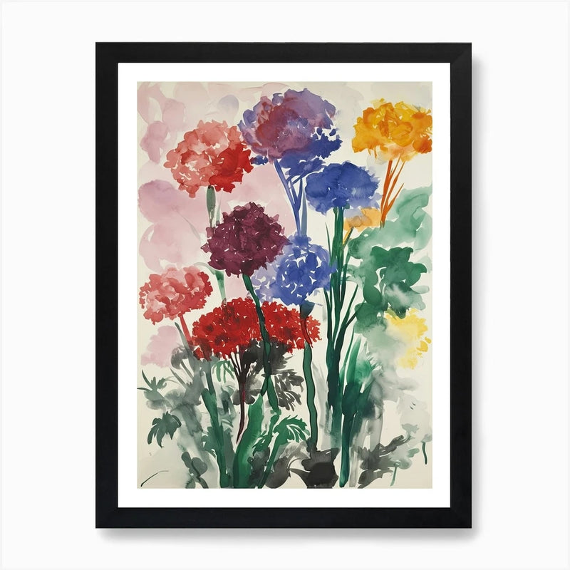 Framed multicolor carnation flower wall art print with watercolor-style blooms