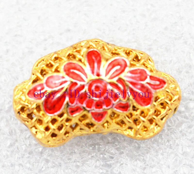 Gold-tone cloisonne bead with red peony flower and openwork lattice design