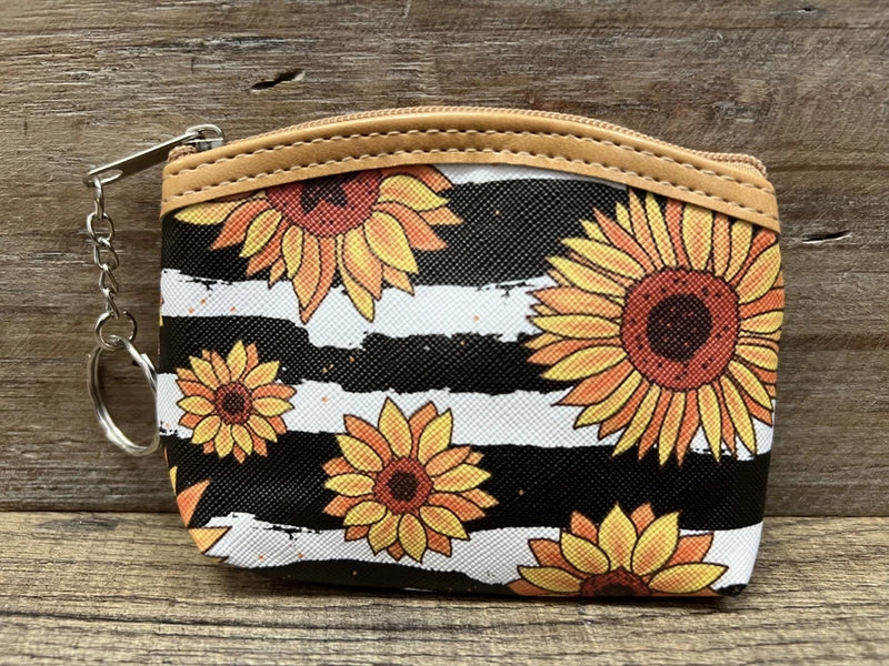 Sunflower coin purse with zipper, black fabric with colorful sunflower print, keychain ring