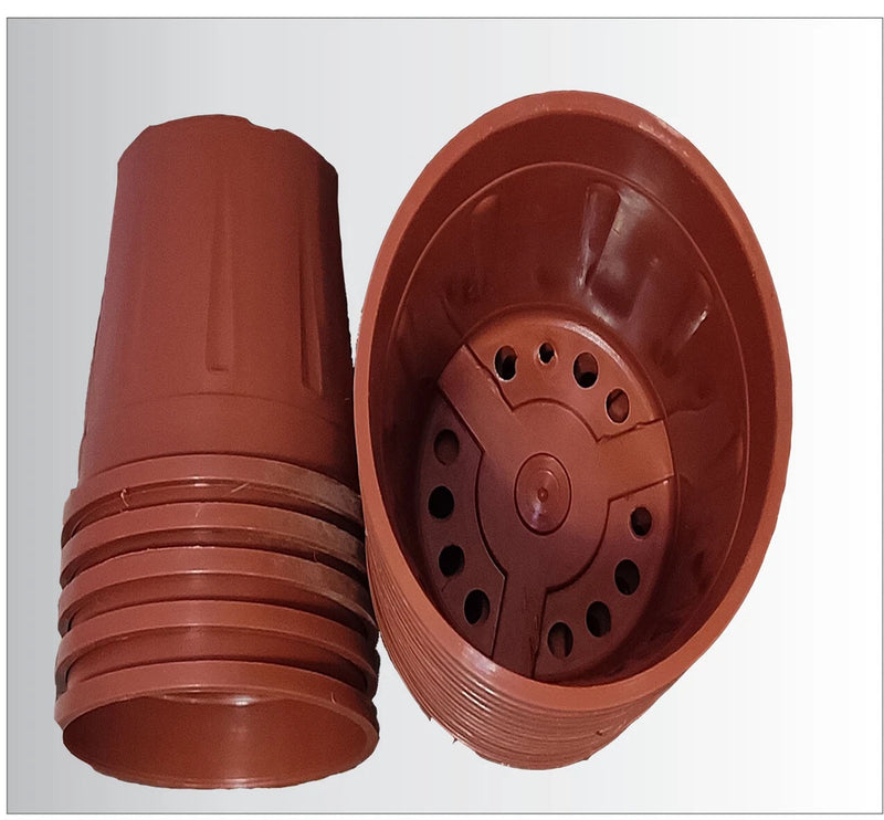 Terracotta planter pot base insert with circular drainage holes, shown stacked