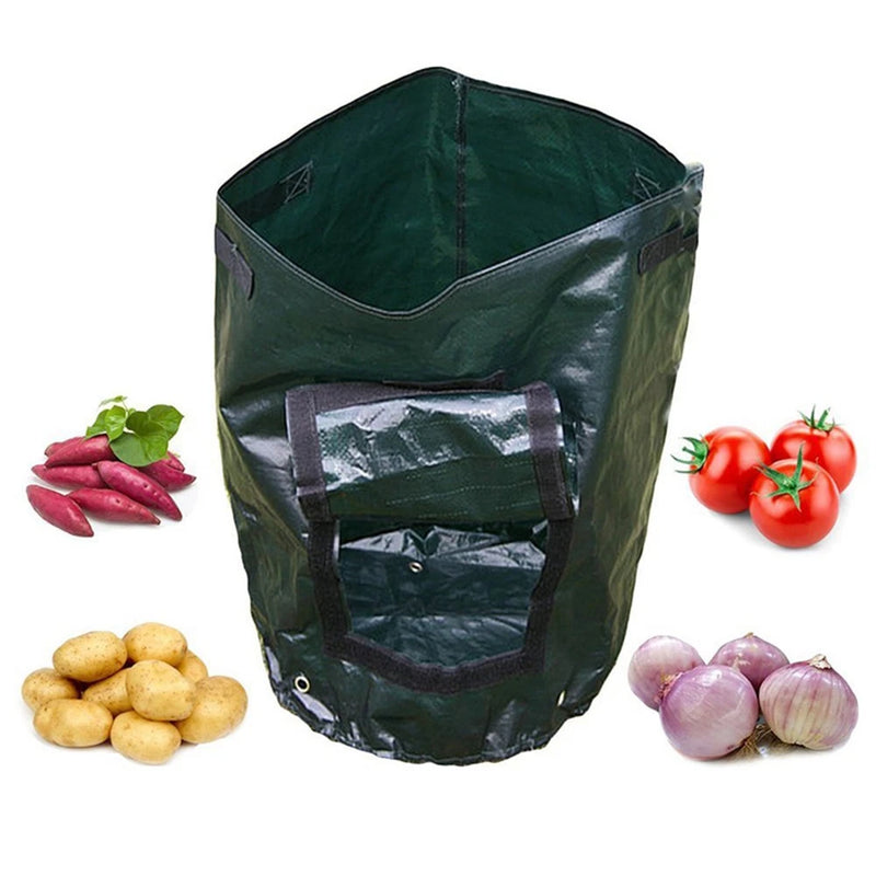 Green fabric vegetable planter grow bag with front clear window and handles