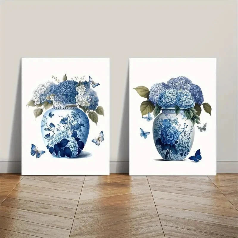 2pcs Blue Hydrangea Flowers and Navy Ginger Jar Blue Canvas Unframed Hydrangea