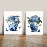 2pcs Blue Hydrangea Flowers and Navy Ginger Jar Blue Canvas Unframed Hydrangea