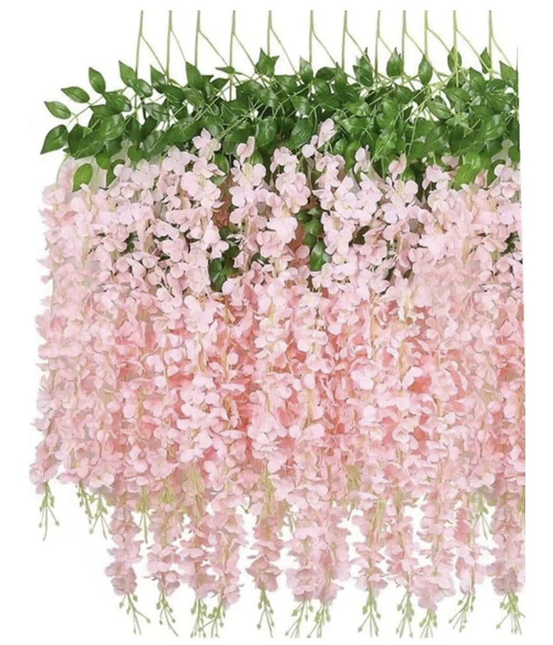 OWERU 4 packs of 10 Pink Silk Wisteria Vine Hanging Plant Decor, 10 Pack, Pink Green Plant