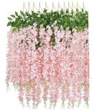 OWERU 4 packs of 10 Pink Silk Wisteria Vine Hanging Plant Decor, 10 Pack, Pink Green Plant