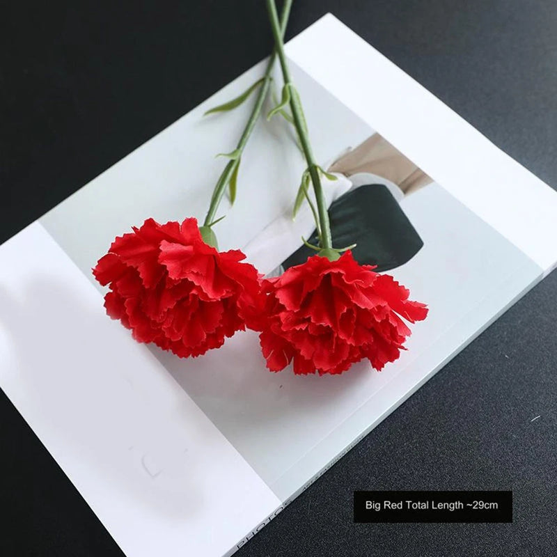 Artificial red carnation flower pair with green stems, in white gift sleeve