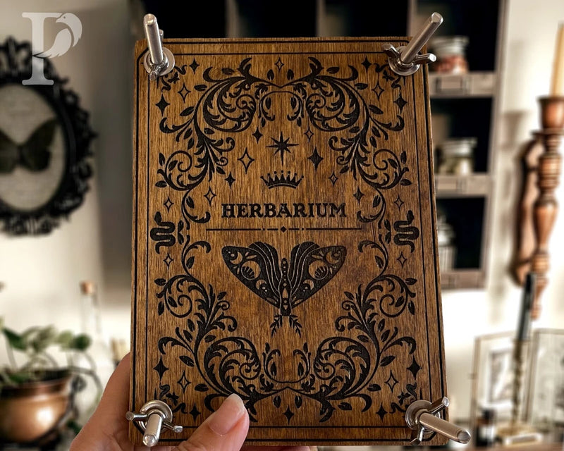 Wooden flower press herbarium board with metal corner clamps, embossed floral design