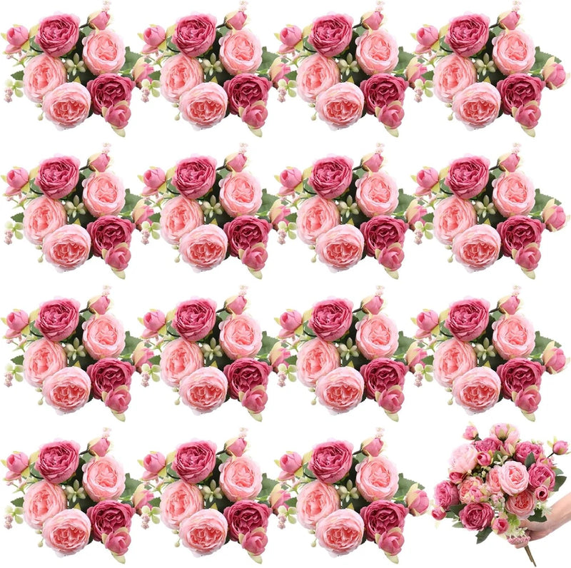 Faux silk peony flower bouquet bundle with pink and burgundy blooms and leaves