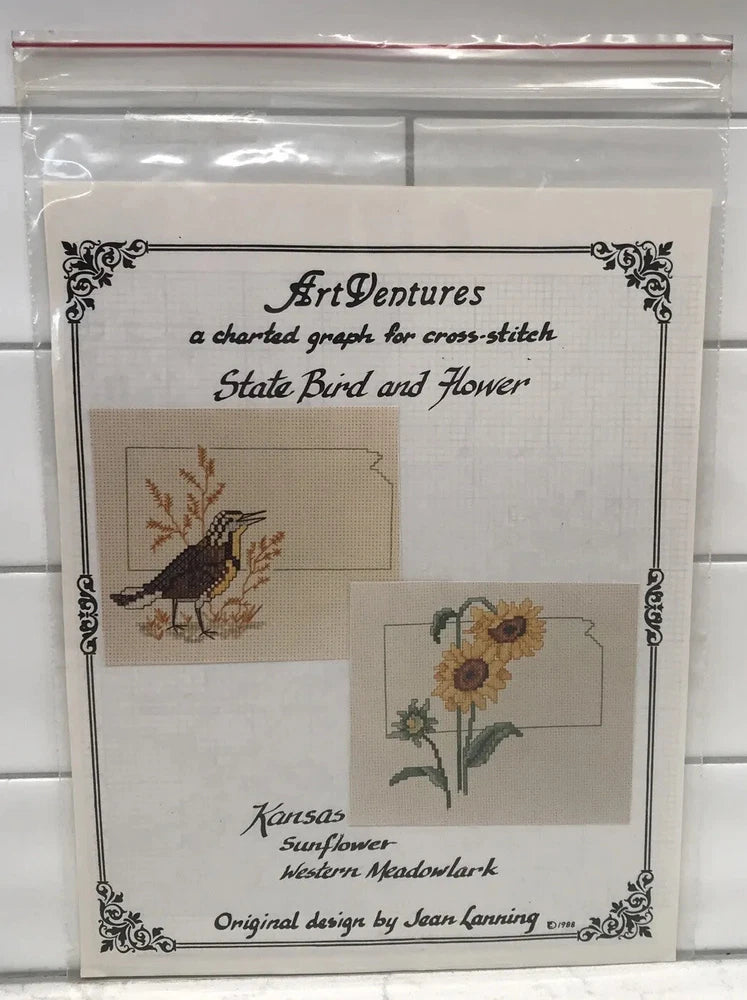 Cross-stitch pattern chart for Kansas state bird and sunflower flower, with meadowlark