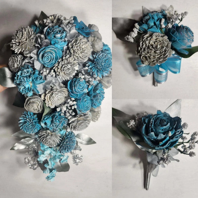 Turquoise and silver bridal wedding bouquet with roses, pinecone blooms, and ribbon wrap