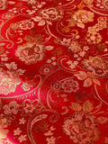 Red & Gold Paisley Floral- Faux Silk Brocade Jacquard Fabric Flowering Plants