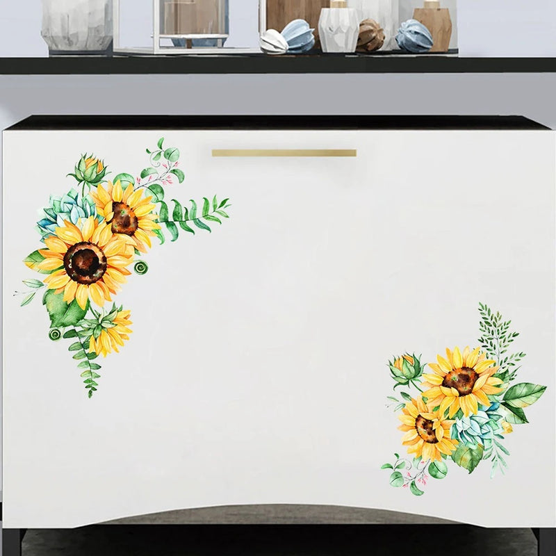 Set of sunflower wall stickers with colorful floral clusters on a white wall