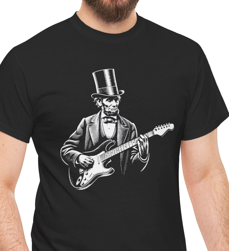 Black T-shirt with Abraham Lincoln graphic wearing a top hat, playing an electric guitar