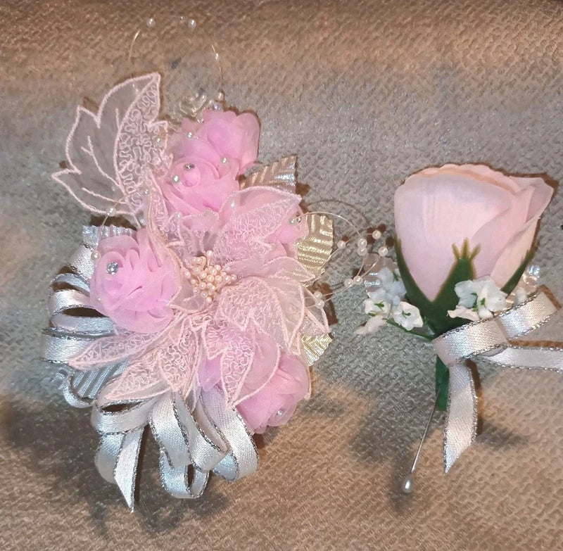 NEW 7" Artificial Pink Rosettes Wrist Corsage & Matching Bout Pearls Rhinestones Bouquet