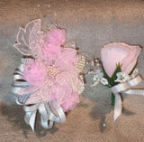 NEW 7" Artificial Pink Rosettes Wrist Corsage & Matching Bout Pearls Rhinestones Bouquet