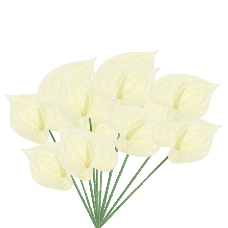 Artificial anthurium lily flower bouquet, pale cream/yellow blooms on green stems