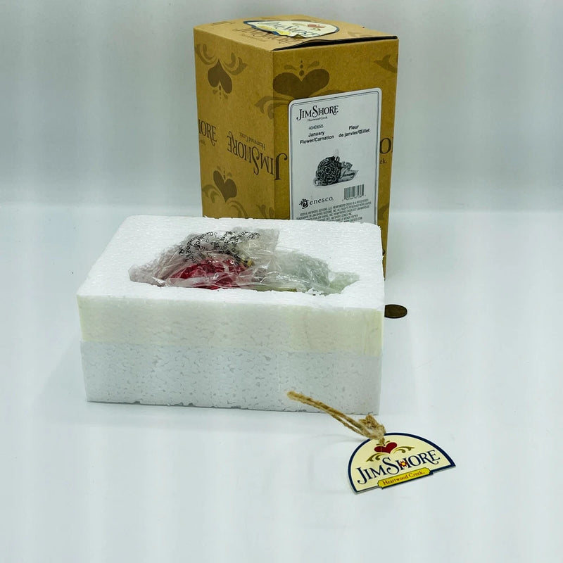 Heartwood Creek Jim Shore carnation figurine with red flower, foam packaging, gift tag