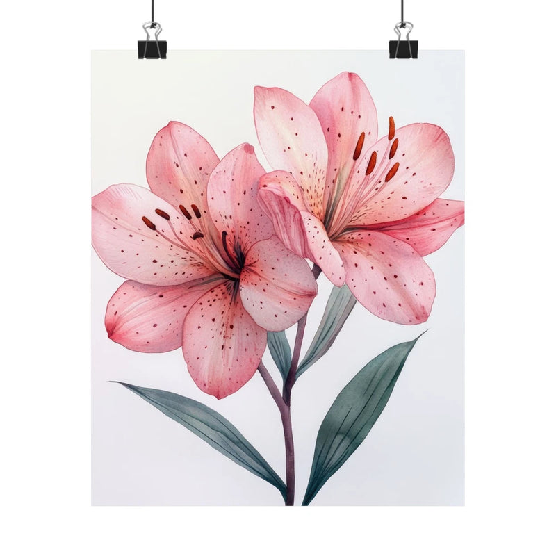 Minimalist floral art print poster with pink lilies and green leaves