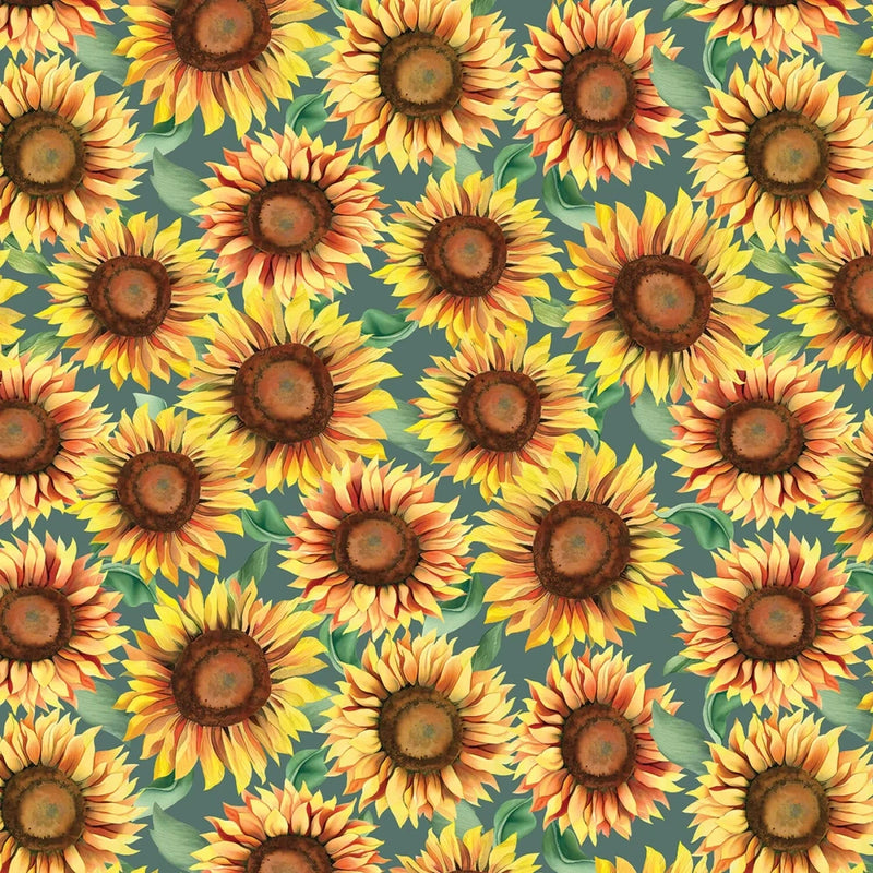 Green fabric with repeating yellow and orange sunflower heads, brown centers