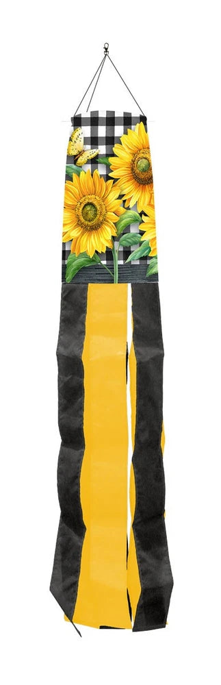 Sunflower windsock with yellow bottom panel and black-and-white striped top