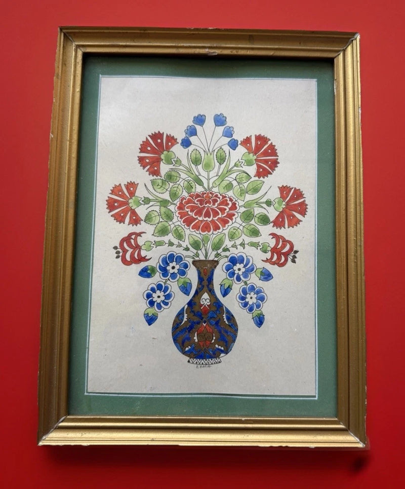 Iznik Style Turkish Watercolor Carnations Flowers in Vase Watercolor Signed BEMA Carnation