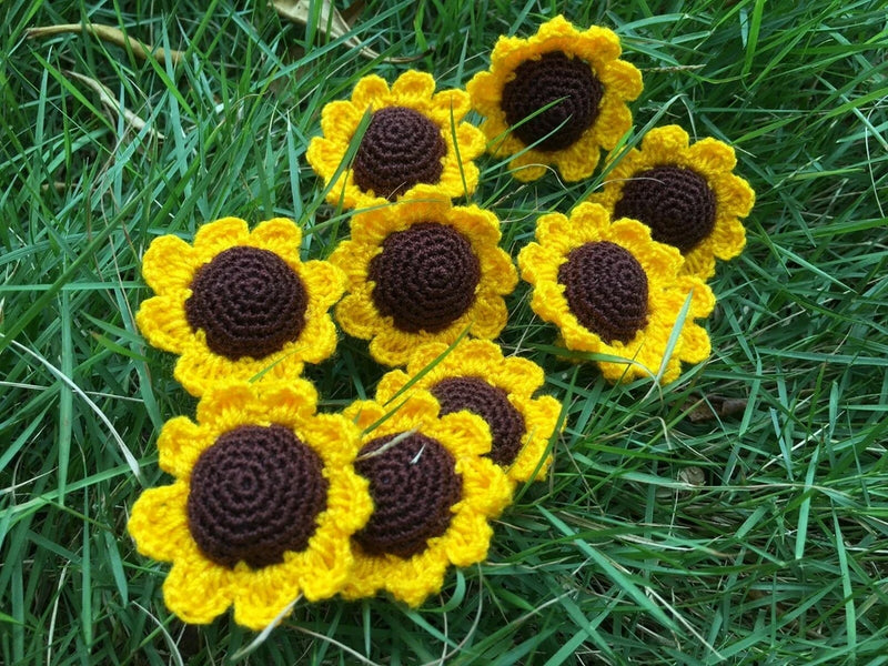Crochet sunflower embellishment set, yellow petals with dark brown centers