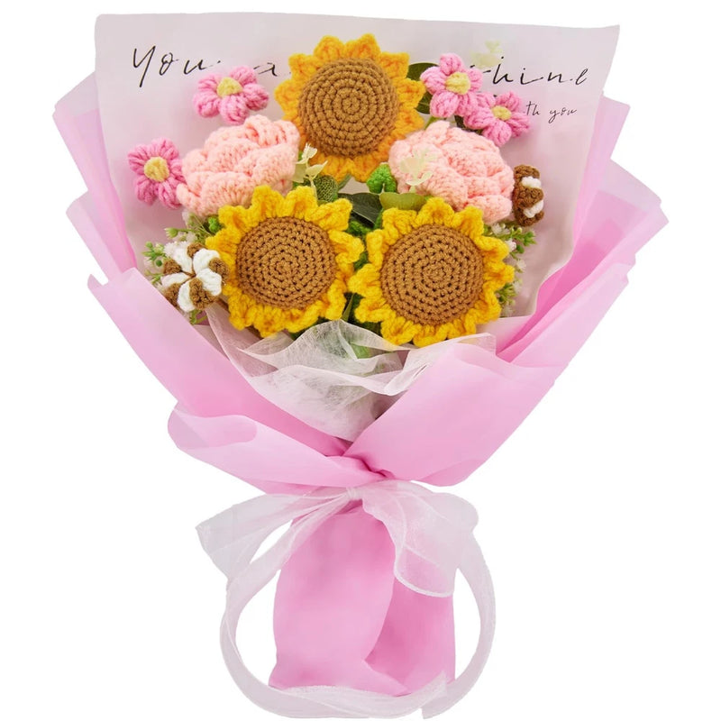 Crochet flower bouquet with three yellow sunflower and pink rose crochet flowers in wrap