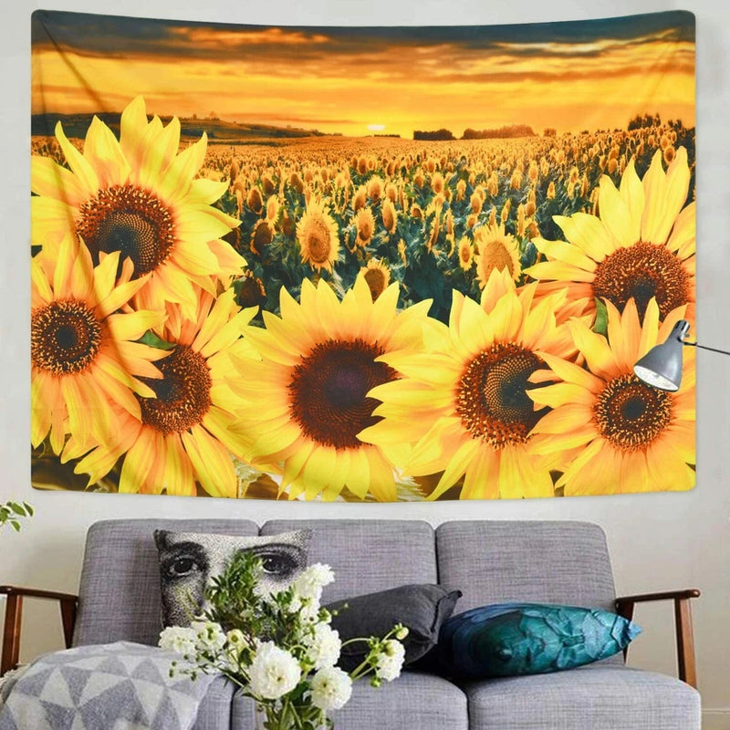 Bright yellow sunflower floral wall art print on canvas-style panel, wide field view