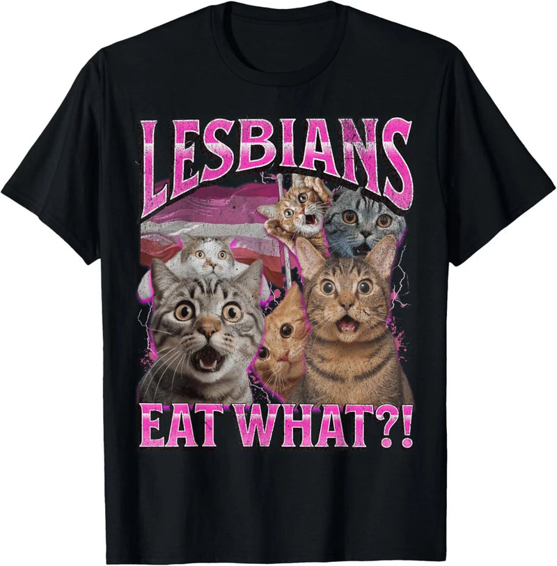 Black graphic t-shirt with pink lettering and six cute cat faces