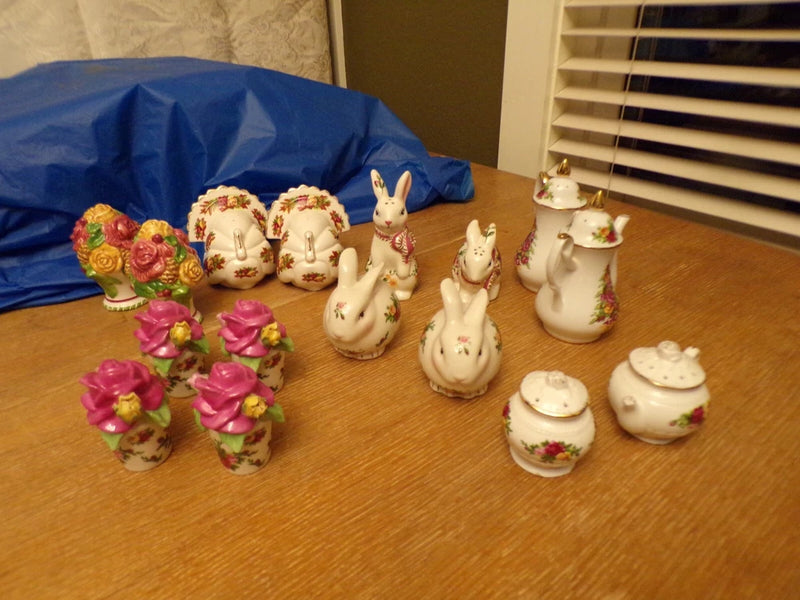 Royal Albert ceramic salt and pepper shakers: bunny and turkey figures with rose details