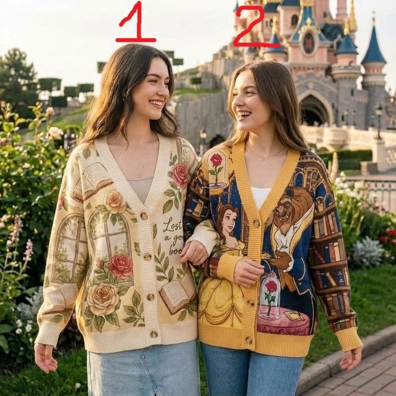 Button-front knit cardigan with rose prints, worn with light blue jeans (pair).